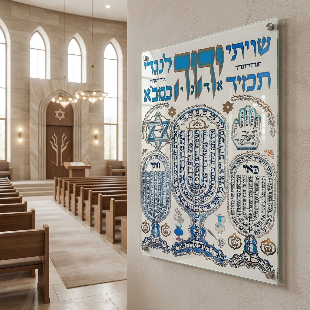 הדפסה על זכוכית - ''שויתי ה' לנגדי'' בעיטור קליגרפי כחול-זהב עם סמלי קודש תמונות זכוכית לסלון תמונות לבית תמונות קיר הדפסה על זכוכית