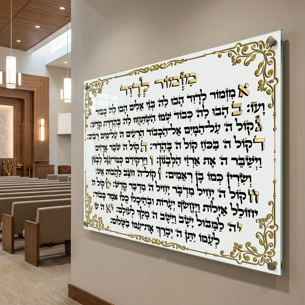 הדפסה על זכוכית - מזמור לדוד באותיות זהב ועיטורי תחרה תמונות זכוכית לסלון תמונות לבית תמונות קיר הדפסה על זכוכית