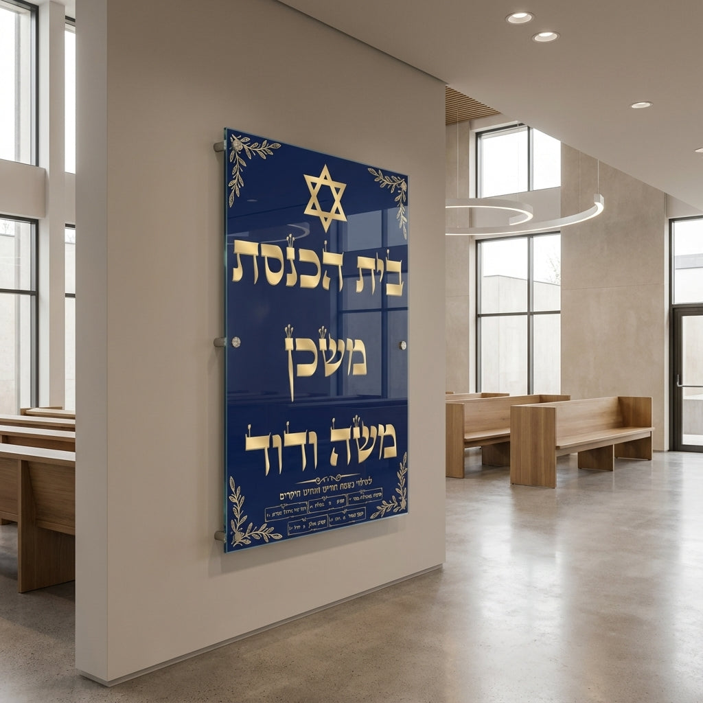 תמונות זכוכית - שלט בית הכנסת בכחול עמוק עם אותיות זהב ומגן דוד תמונות זכוכית לסלון תמונות לבית תמונות קיר הדפסה על זכוכית