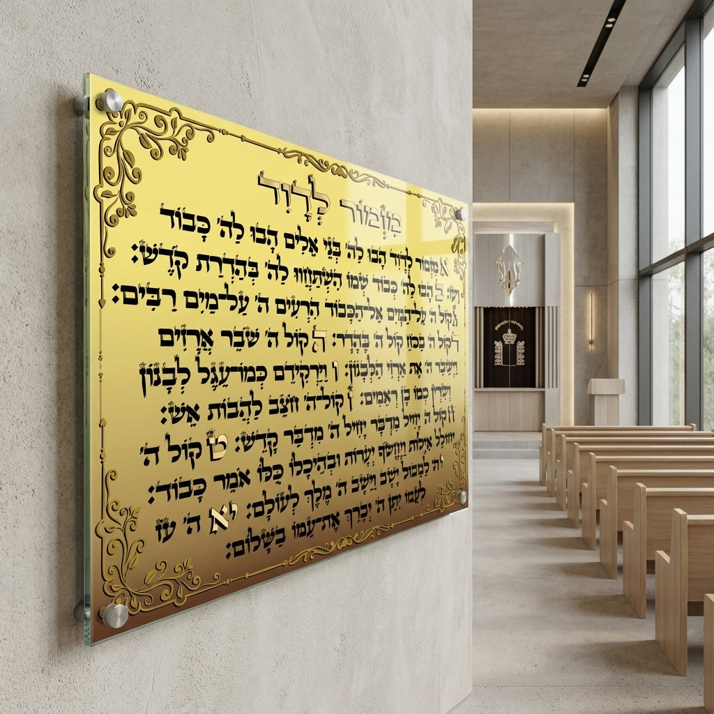 הדפסה על זכוכית - מזמור לדוד בזהב עתיק עם עיטורים קלאסיים תמונות זכוכית לסלון תמונות לבית תמונות קיר הדפסה על זכוכית
