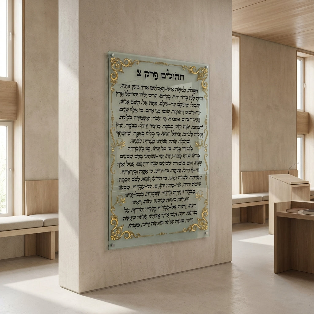 הדפסה על זכוכית - תהילים פרק צ' עם מסגרת זהב קלאסית ורקע תכלת עדין תמונות זכוכית לסלון תמונות לבית תמונות קיר הדפסה על זכוכית