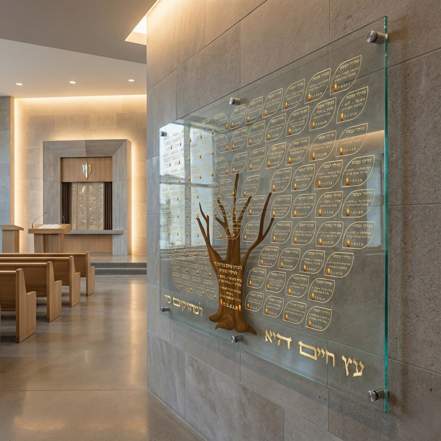 הדפסה על זכוכית - עץ חיים זהב עם לוחות הנצחה בעברית תמונות זכוכית לסלון תמונות לבית תמונות קיר הדפסה על זכוכית