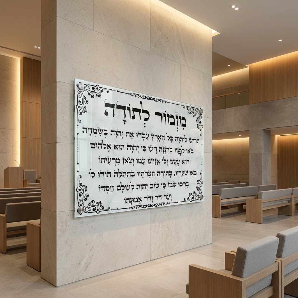 הדפסה על זכוכית - מזמור לתודה בקליגרפיה שחורה עם עיטורי מסגרת עדינים תמונות זכוכית לסלון תמונות לבית תמונות קיר הדפסה על זכוכית