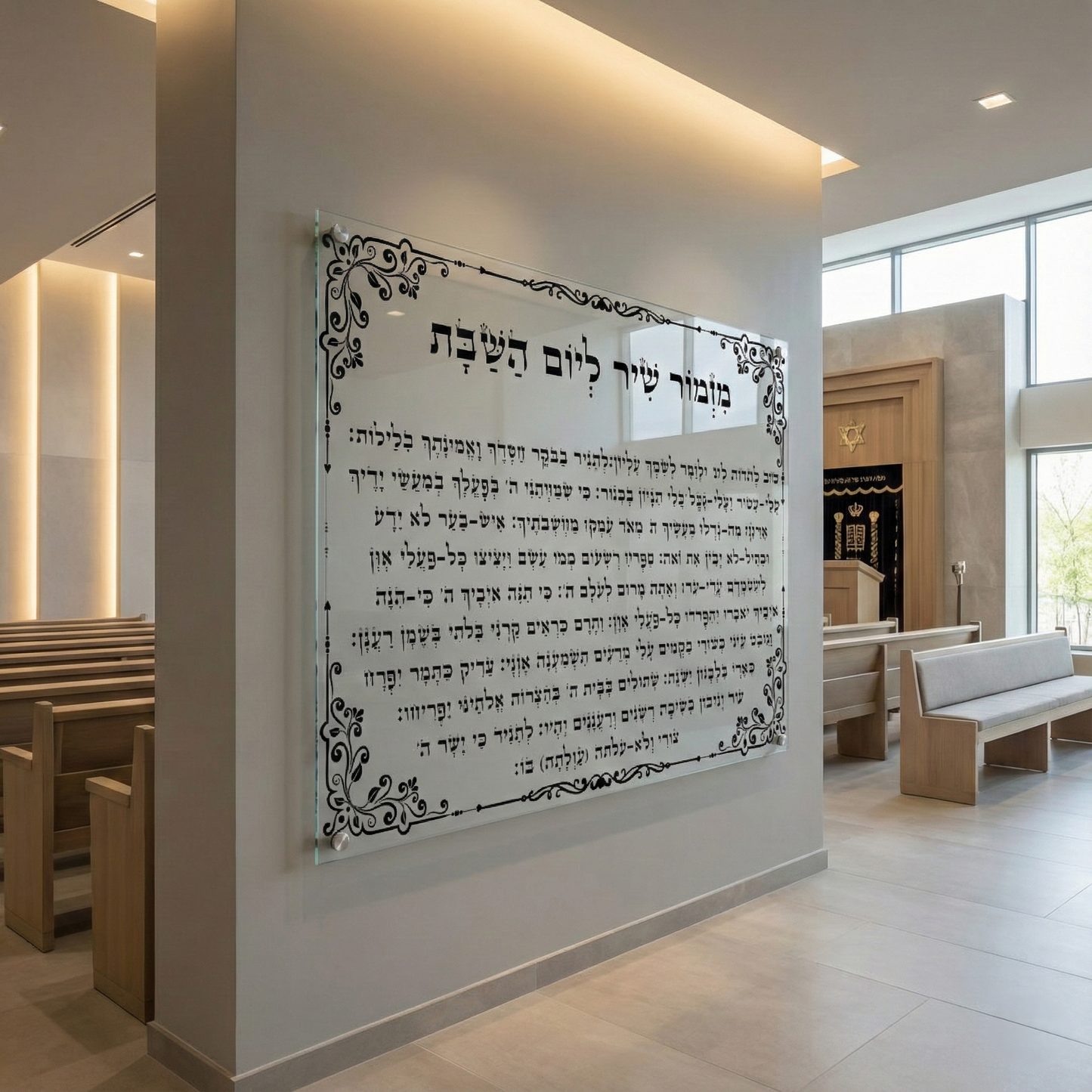 הדפסה על זכוכית - מזמור שיר ליום השבת בכיתוב שחור אלגנטי תמונות זכוכית לסלון תמונות לבית תמונות קיר הדפסה על זכוכית