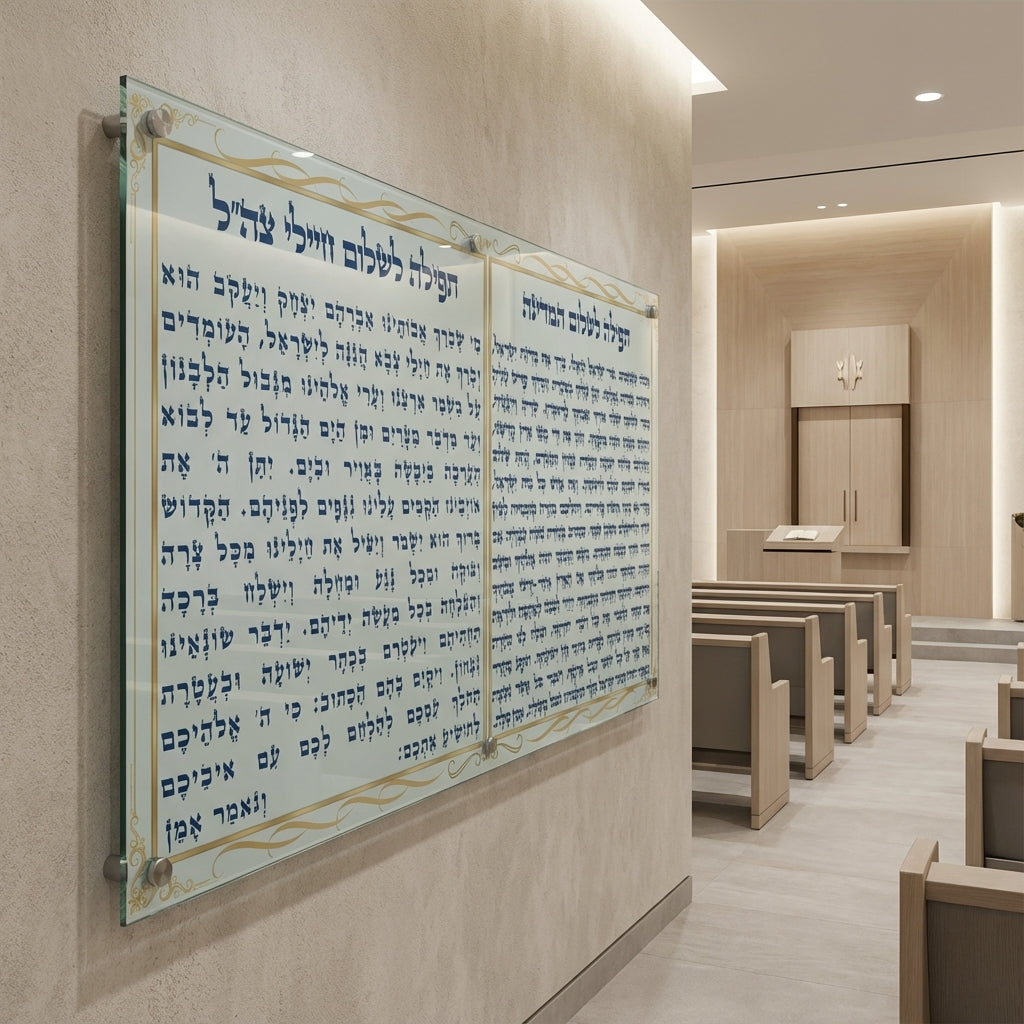 תמונות זכוכית - תפילה לשלום המדינה בכתב כחול ועיטורי זהב אלגנטיים תמונות זכוכית לסלון תמונות לבית תמונות קיר הדפסה על זכוכית