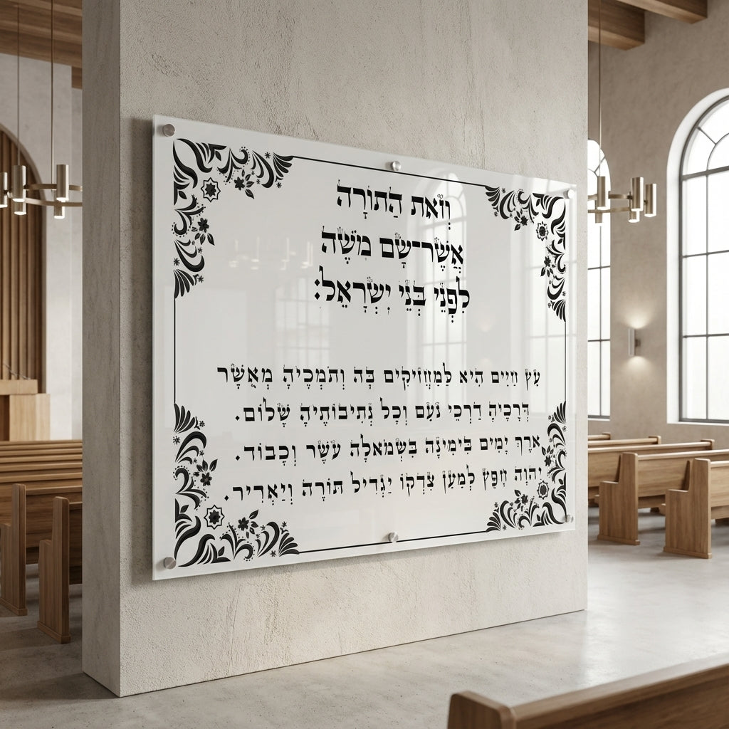 תמונות זכוכית - ''וזאת התורה'' אלגנטי בשחור-לבן עם עיטורי פרחים תמונות זכוכית לסלון תמונות לבית תמונות קיר הדפסה על זכוכית