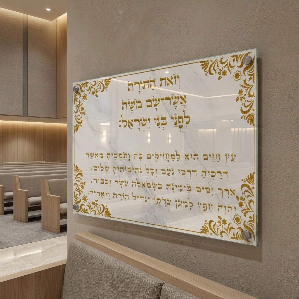 הדפסה על זכוכית - ''וזאת התורה אשר משה'' בזהב על רקע שיש לבן ועיטורי פינה עדינים תמונות זכוכית לסלון תמונות לבית תמונות קיר הדפסה על זכוכית