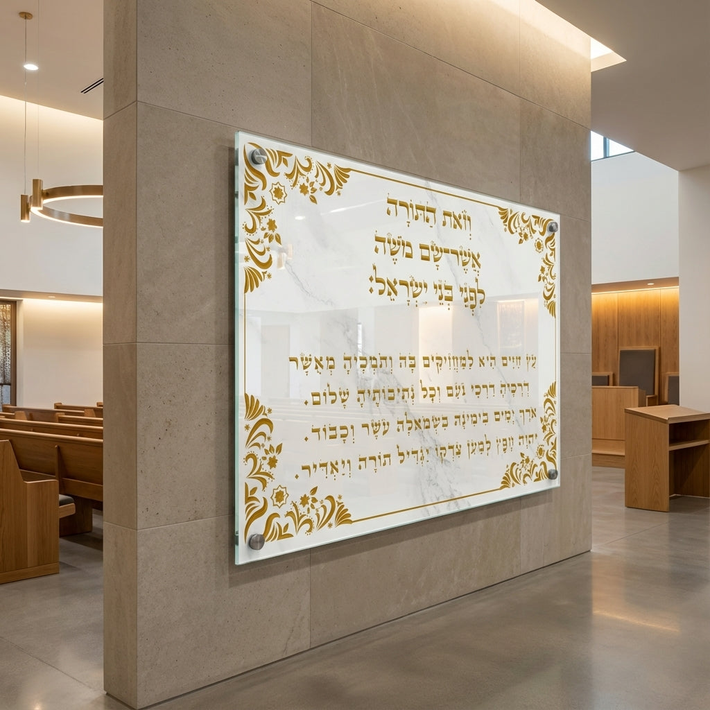 הדפסה על זכוכית - ''וזאת התורה'' בזהב ועיטורי מסגרת אלגנטיים תמונות זכוכית לסלון תמונות לבית תמונות קיר הדפסה על זכוכית