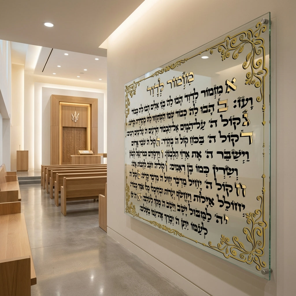 הדפסה על זכוכית - מזמור לדוד בכתב שחור עם עיטורי זהב תמונות זכוכית לסלון תמונות לבית תמונות קיר הדפסה על זכוכית