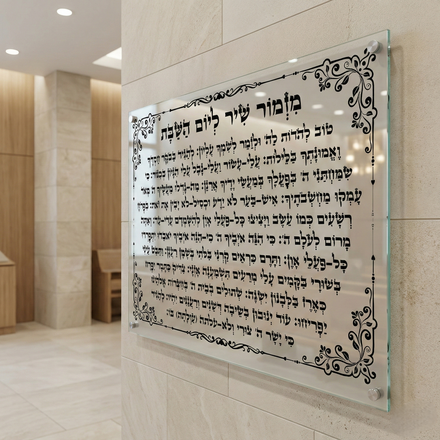 הדפסה על זכוכית - ברכת מזמור שיר ליום השבת בעיטורי מסגרת שחורה אלגנטית תמונות זכוכית לסלון תמונות לבית תמונות קיר הדפסה על זכוכית