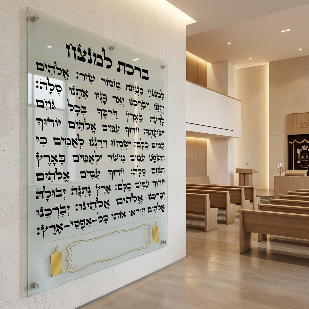 הדפסה על זכוכית - ברכת למנצח באותיות שחורות על רקע חלבי עם נרות זהב תמונות זכוכית לסלון תמונות לבית תמונות קיר הדפסה על זכוכית