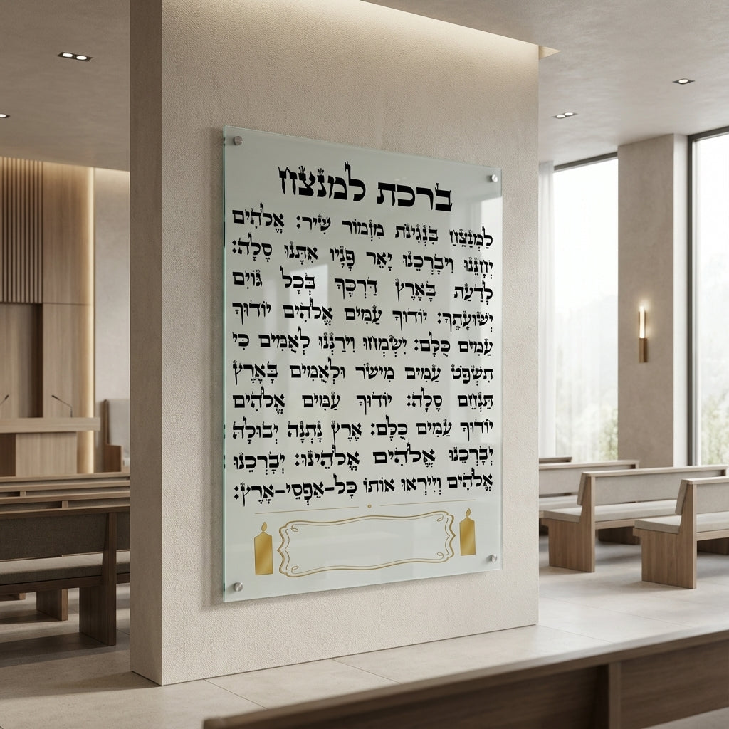 תמונות זכוכית - ברכת למנצח בעיצוב קלף לבן עם נרות זהב וטיפוגרפיה שחורה תמונות זכוכית לסלון תמונות לבית תמונות קיר הדפסה על זכוכית