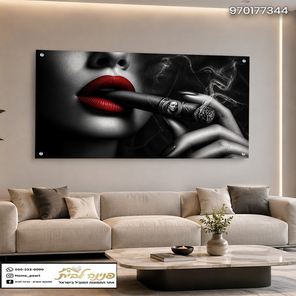 תמונות זכוכית - שפתיים אדומות וסיגר מעושן בשחור‑לבן תמונות זכוכית לסלון תמונות לבית תמונות קיר הדפסה על זכוכית