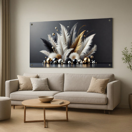 תמונת זכוכית נוצות שחור זהב ולבן בעיצוב יוקרתי