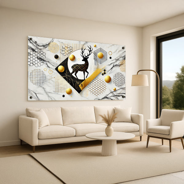 אייל שחור בזהב על רקע שיש לבן – תמונות זכוכית מודרניות