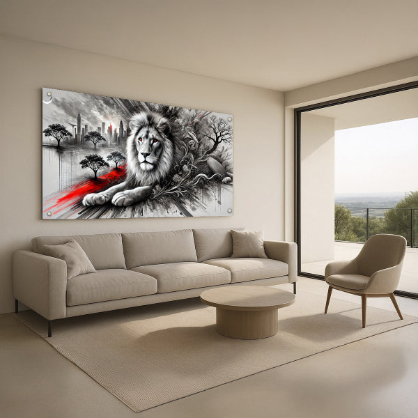 תמונת זכוכית של אריה לבן בשחור לבן עם נגיעות אדום על רקע עירוני