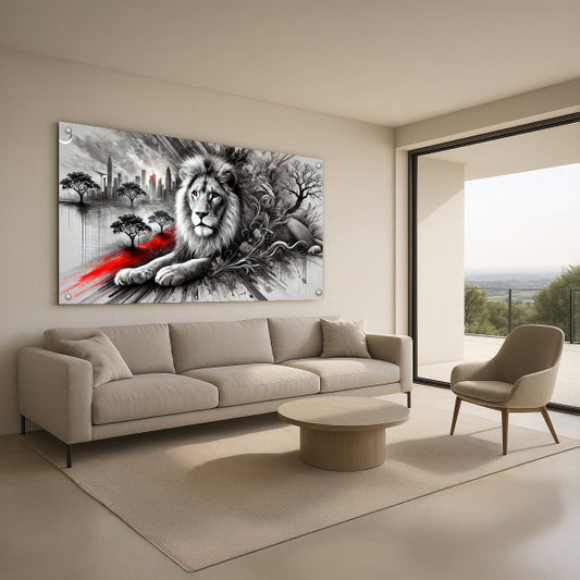תמונת זכוכית של אריה לבן בשחור לבן עם נגיעות אדום על רקע עירוני