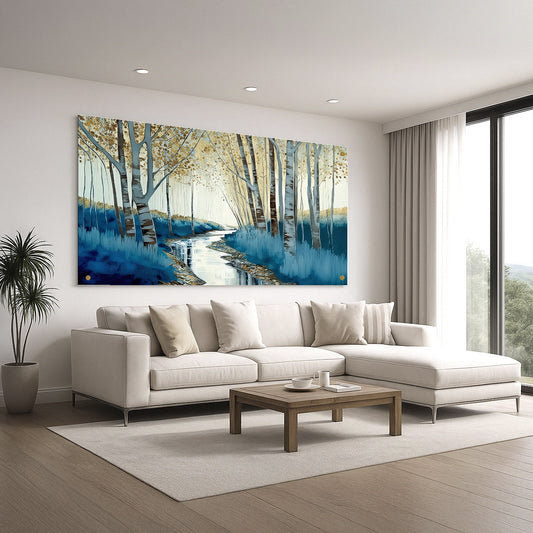 יער שליו עם נחל זורם בגווני כחול וזהב – תמונות זכוכית יוקרתיות לעיצוב הבית