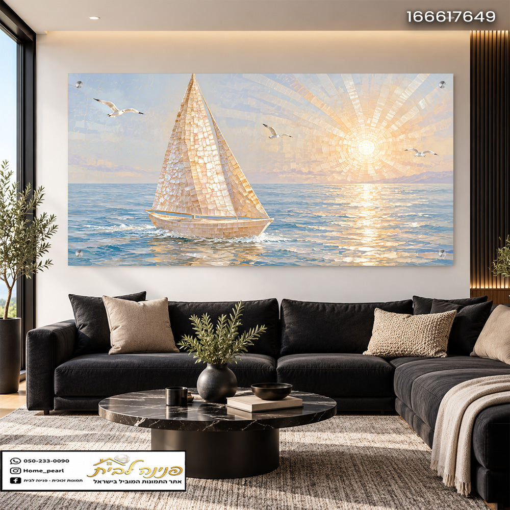 תמונות זכוכית - מפרש לבן בים פסיפס זהוב תמונות זכוכית לסלון תמונות לבית תמונות קיר הדפסה על זכוכית