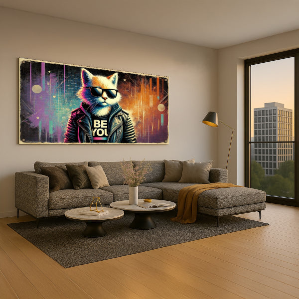 תמונת זכוכית של חתול עם ג'קט עור וחולצת BE YOU בעיצוב אורבני צבעוני
