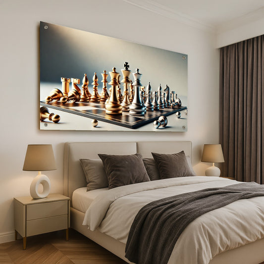 תמונת זכוכית של לוח שחמט עם כלים מזהב וכסף על רקע בהיר