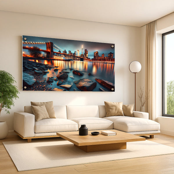 נוף עירוני בלילה עם גשר – תמונות זכוכית