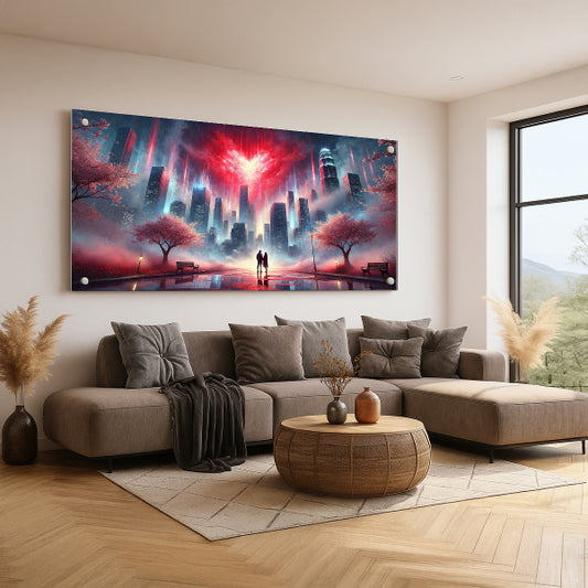 תמונת זוג באור עירוני רומנטי עם שמיים בצורת לב – תמונת זכוכית יוקרתית לסלון