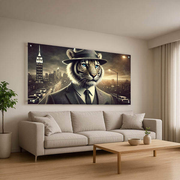 תמונת זכוכית של טיגריס בחליפה בעיר מודרנית בשעת ערב