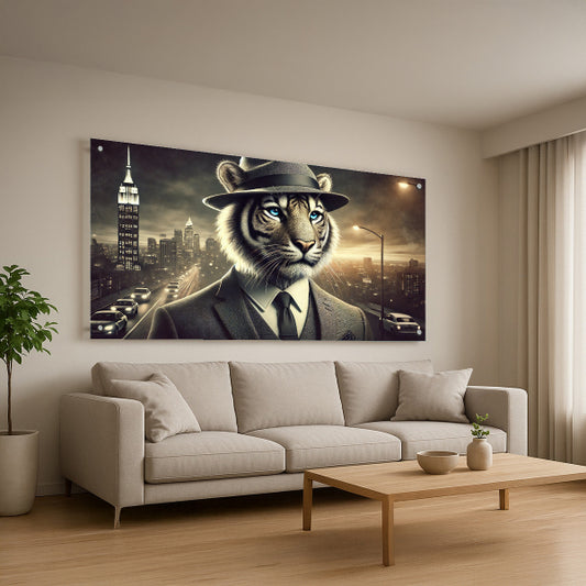 תמונת זכוכית של טיגריס בחליפה בעיר מודרנית בשעת ערב