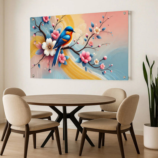 ציפור צבעונית על ענף פריחה - תמונת זכוכית יוקרתית לעיצוב הבית