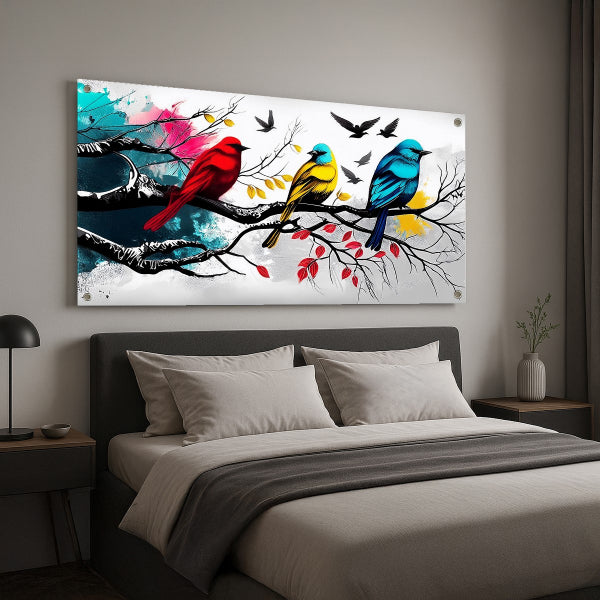 שלוש ציפורים צבעוניות על ענף - תמונות לבית