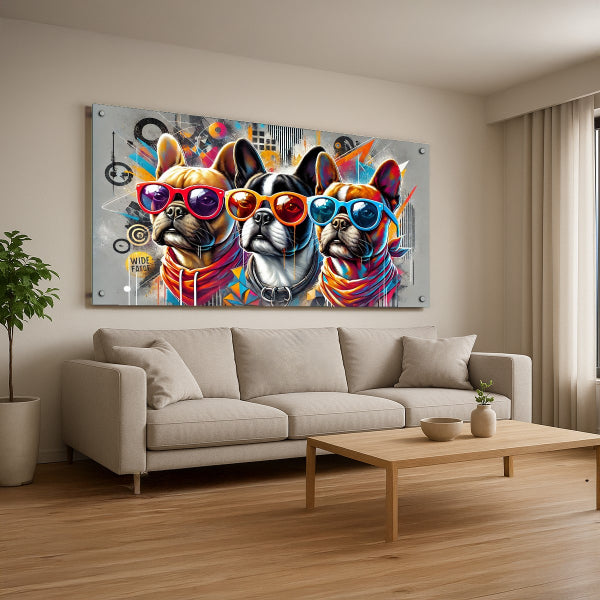 בולדוגים צבעוניים עם משקפי שמש - הדפסה על זכוכית