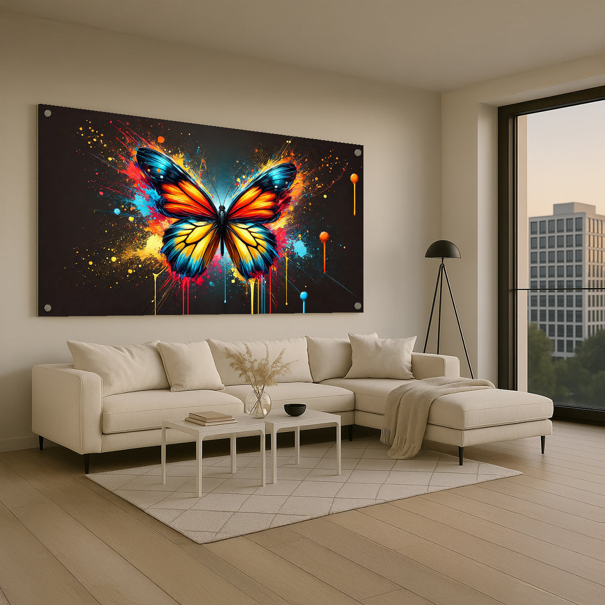 פרפר צבעוני זוהר באמנות מודרנית על זכוכית – עיצוב צבעוני לסלון