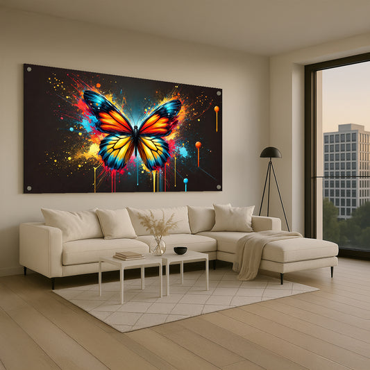 פרפר צבעוני זוהר באמנות מודרנית על זכוכית – עיצוב צבעוני לסלון
