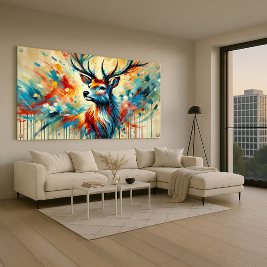 תמונת זכוכית של אייל צבעוני בסגנון מופשט על רקע אמנותי עז גוונים