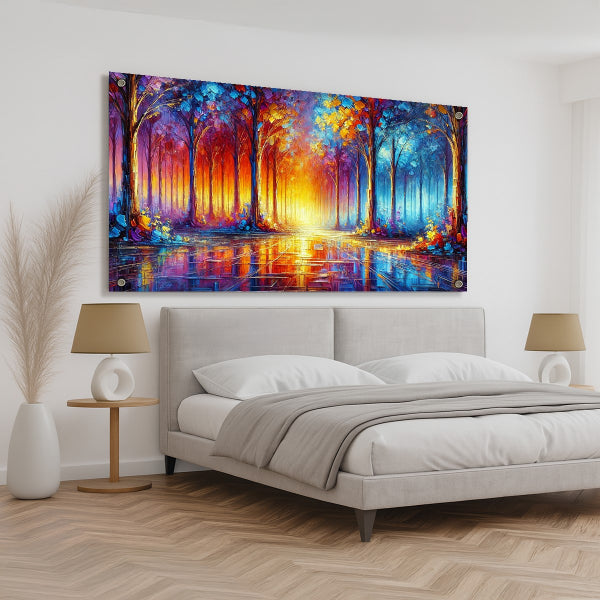 תמונת זכוכית של יער צבעוני באור שקיעה – יצירה מרהיבה לבית או לחדר שינה