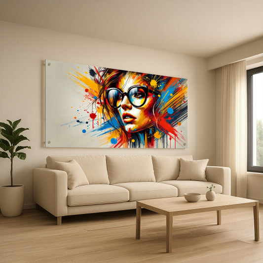 דיוקן נשי עם משקפיים בעיצוב גרפיטי צבעוני - תמונת זכוכית מודרנית לבית