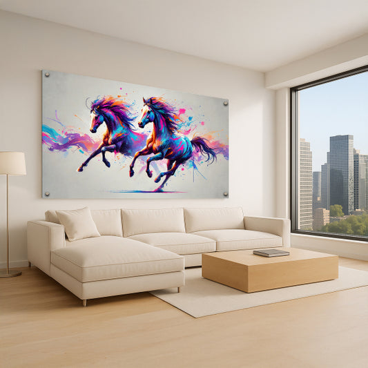 סוסים צבעוניים דוהרים - תמונות זכוכית לסלון