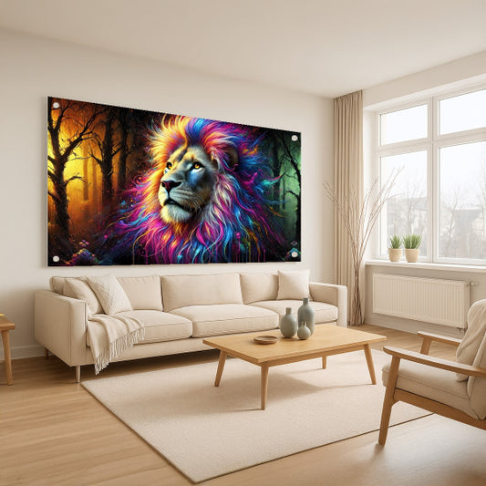 תמונת זכוכית של אריה צבעוני בתוך יער קסום עם תאורה זהובה