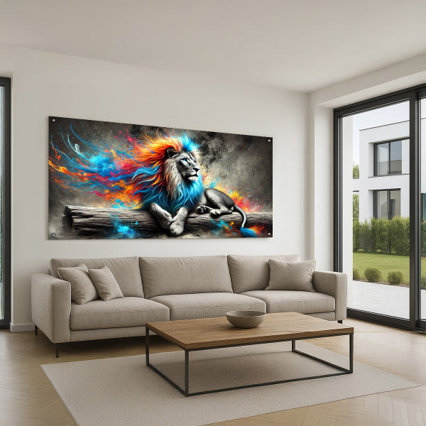האריה הצבעוני בעוצמת הלהבה - הדפסה על זכוכית מודרנית