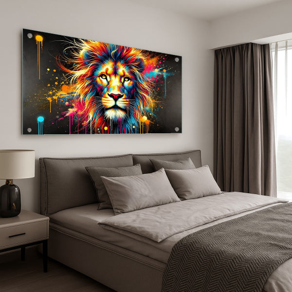 אריה צבעוני מרהיב על רקע שחור - תמונות זכוכית