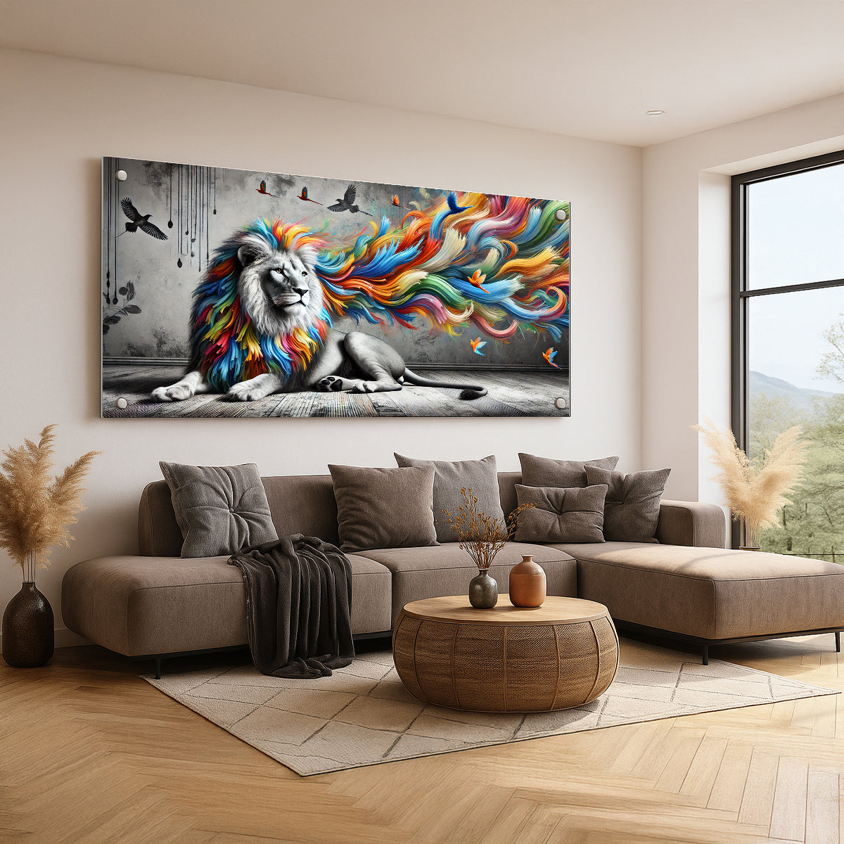 אריה עם רעמה צבעונית - תמונות זכוכית