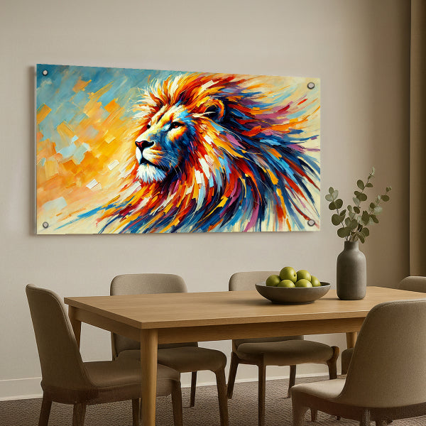 תמונת זכוכית של אריה צבעוני בעיצוב אומנותי – יצירה עוצמתית ומרהיבה לבית