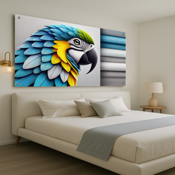 תמונת זכוכית של תוכי מקאו צבעוני בעיצוב מודרני ואלגנטי