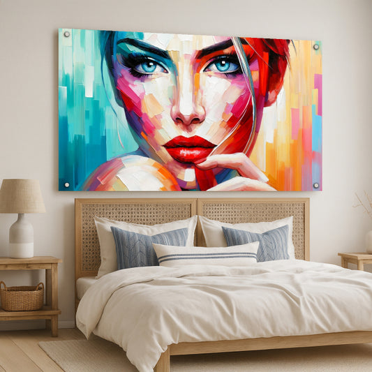 דיוקן נשי צבעוני ומודרני על זכוכית - תמונת אמנות לסלון או חדר שינה