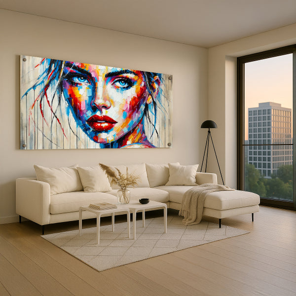 דיוקן נשי צבעוני בסגנון מופשט מודרני - תמונת זכוכית יוקרתית לסלון או חדר שינה