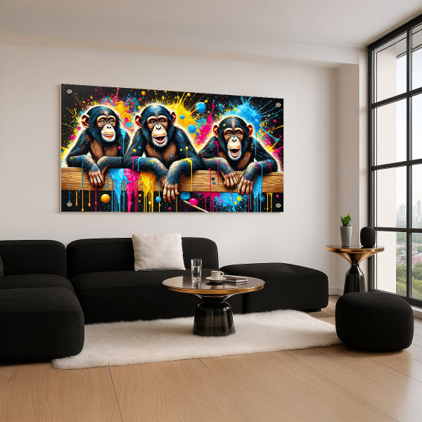 שלישיית קופים צבעונית על זכוכית – תמונות נוי