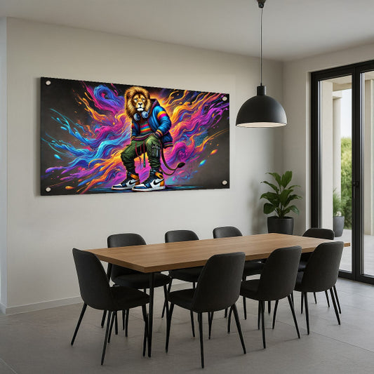 תמונת זכוכית של אריה צבעוני בתנועה עם אפקטים של להבות אורבניות