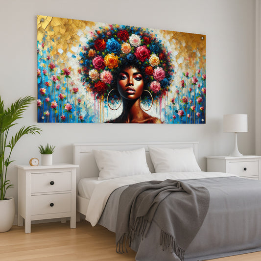 דיוקן נשי עם שיער מפרחי ורדים צבעוניים על רקע זהוב - תמונת זכוכית מודרנית לבית