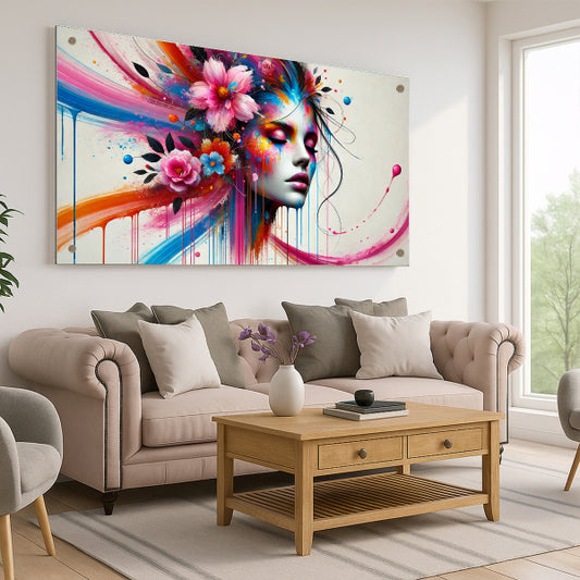 אישה צבעונית עם פרחים - תמונות זכוכית מעוצבות לבית